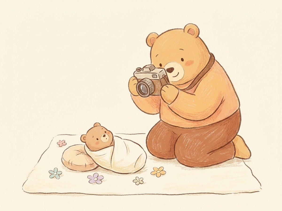 아기곰을 카메라로 찍어주는 곰 일러스트